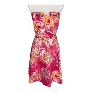Orsay Pink Orange Floral Strapless Fit & Flare Dress Sweetheart Neckline Size L